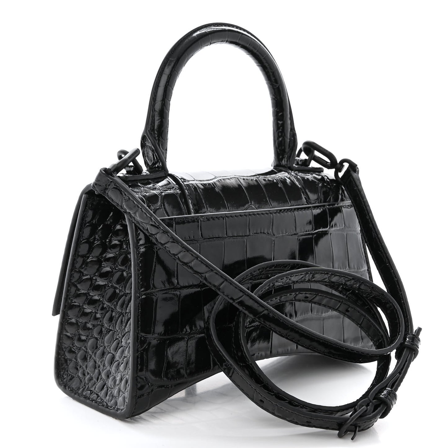Shiny Calfskin Monochrome Crocodile Embossed Hourglass Top Handle Bag XS Black