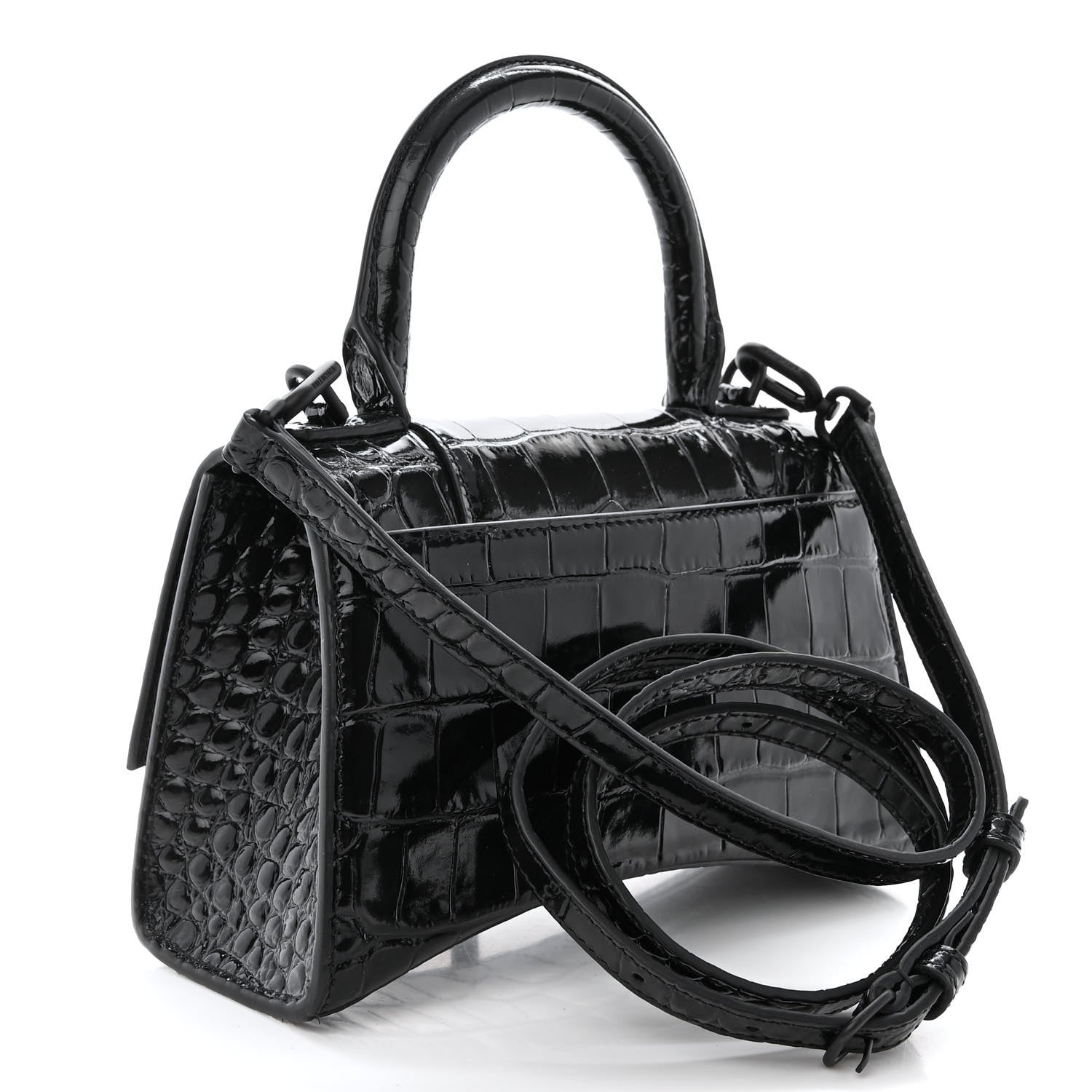 Balenciaga Shiny Calfskin Monochrome Crocodile Embossed Hourglass Top Handle Bag XS Black 3 of 11