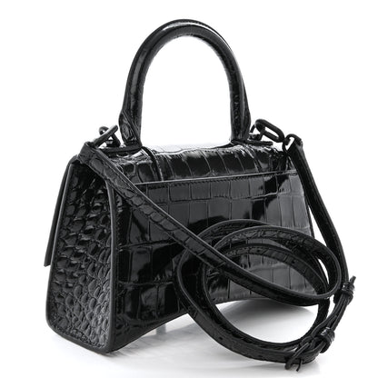 Balenciaga Shiny Calfskin Monochrome Crocodile Embossed Hourglass Top Handle Bag XS Black 3 of 11