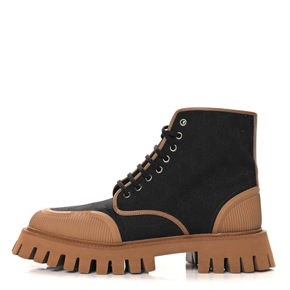 Gucci Monogram Miro Soft Calfskin Mens Lace Up Combat Boots 9.5 Black Koi Beige 1 of 9