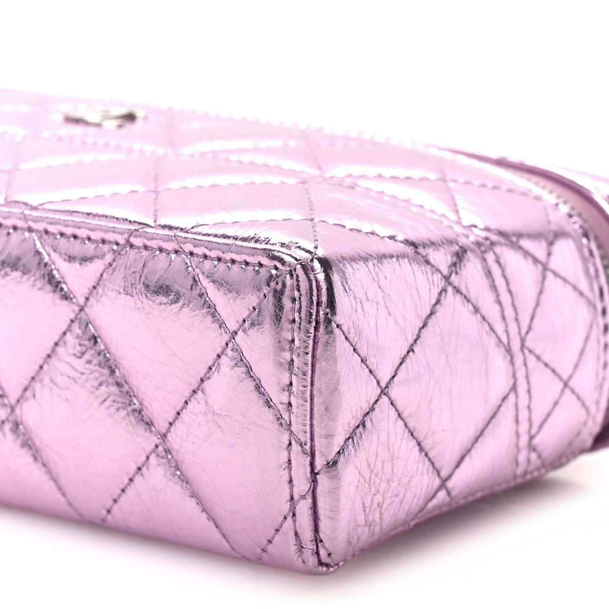 Metallic Calfskin Quilted Slim Vanity With Chain Pink