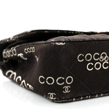 Chanel Canvas Coco Printed Quilted Medium Double Flap Black White 9 of 12
