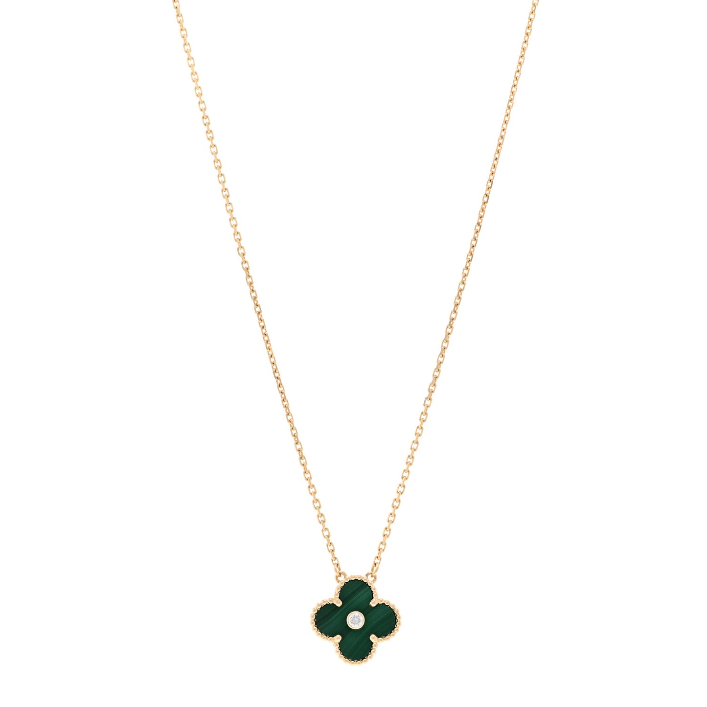 18K Yellow Gold Diamond Malachite Vintage Alhambra Pendant Necklace