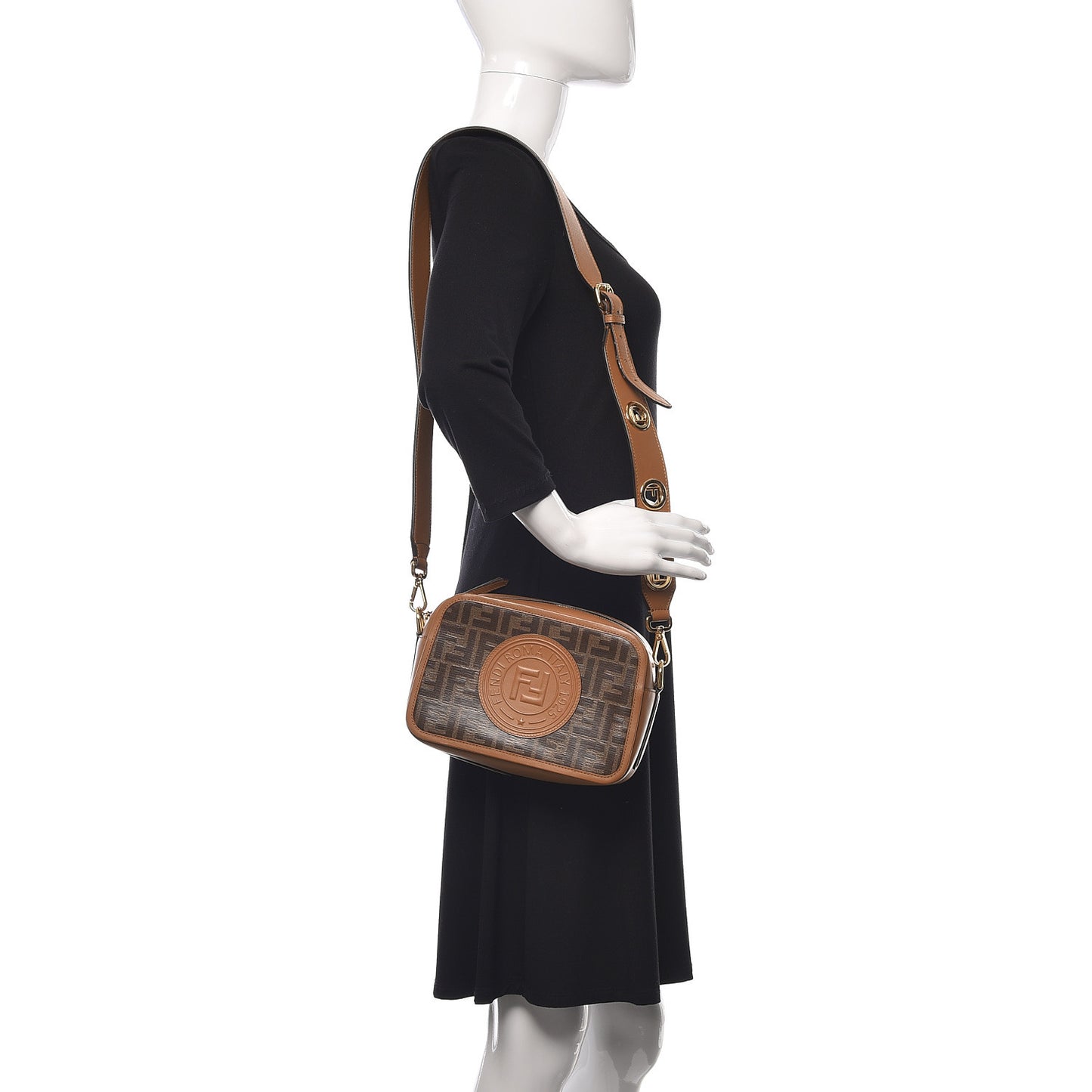 Glazed Fabric Vitello Century F is Fendi FF 1974 Stamp Patch Camera Case Mogano Panna Caramello