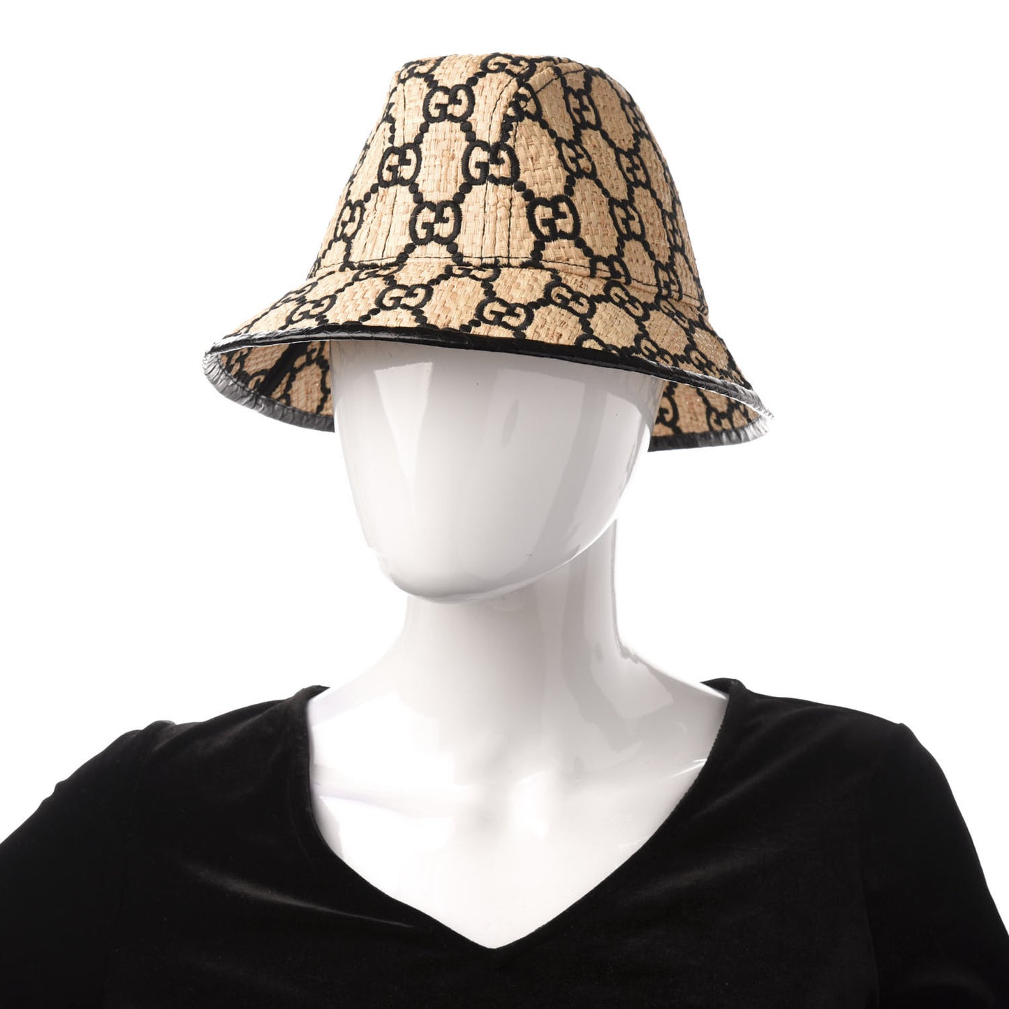 Raffia Elaphe GG Monogram Embroidered Fedora Hat S Ivory Black