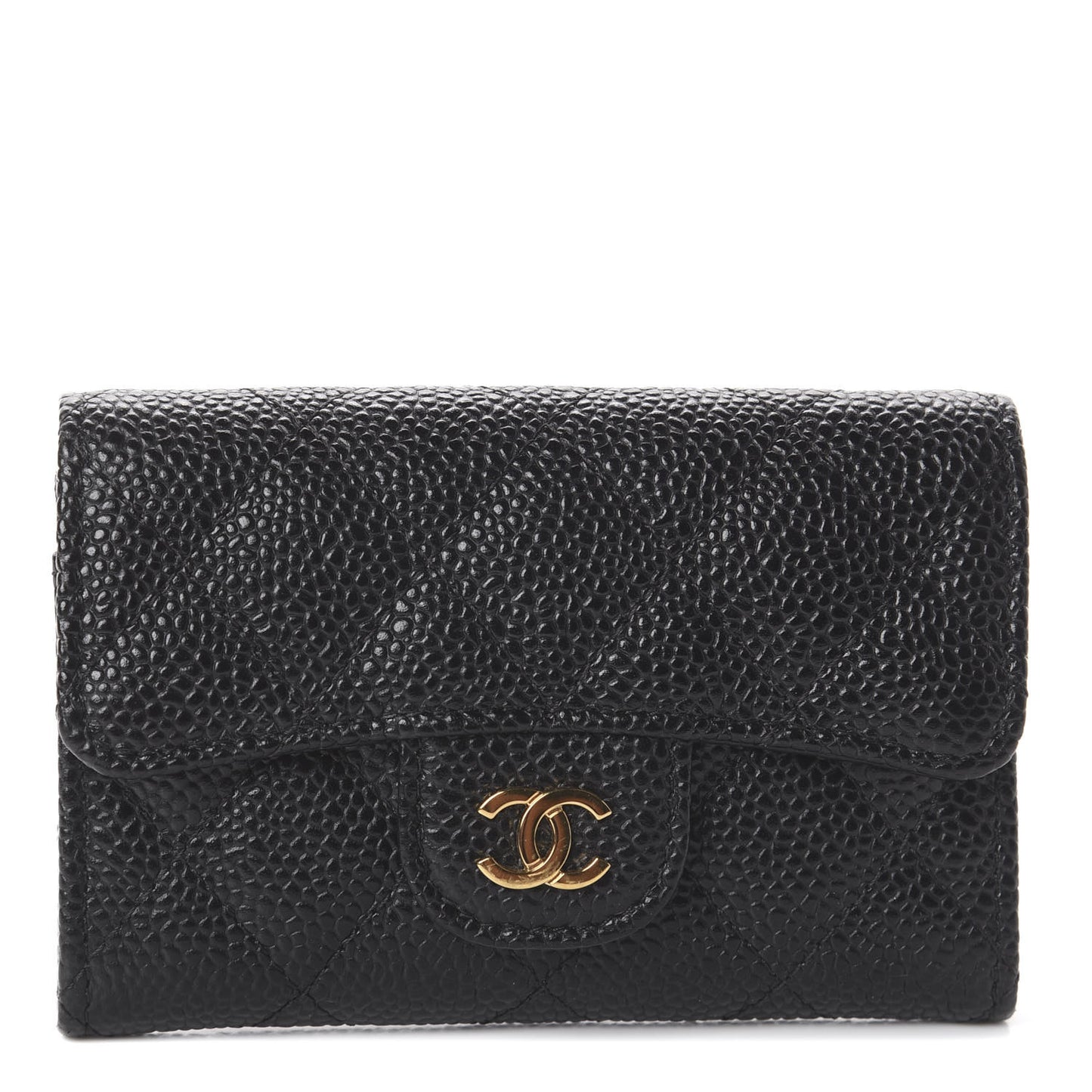 Caviar Quilted Flap Card Holder Wallet Black