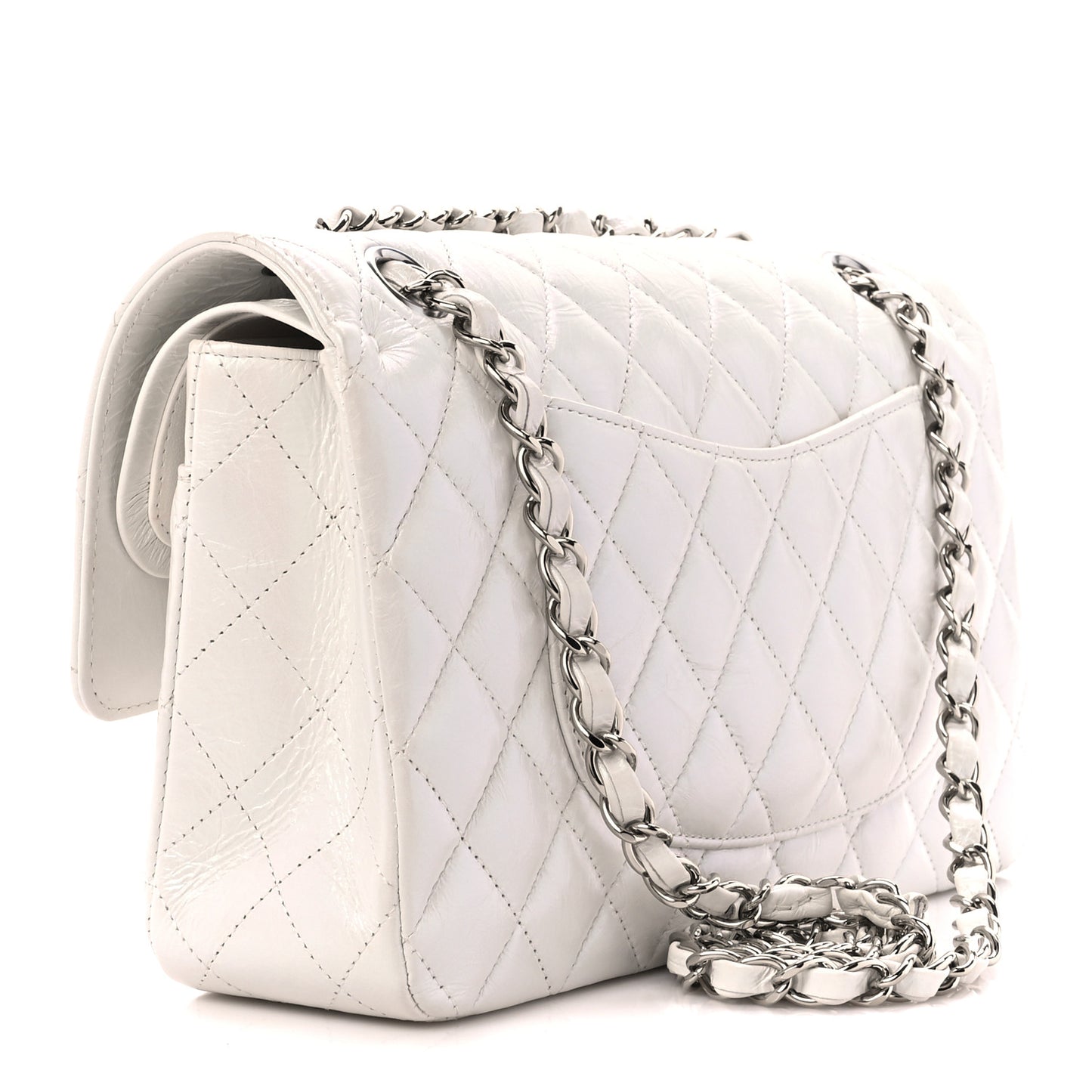 Iridescent Crumpled Calfskin Quilted Medium Double Flap White
