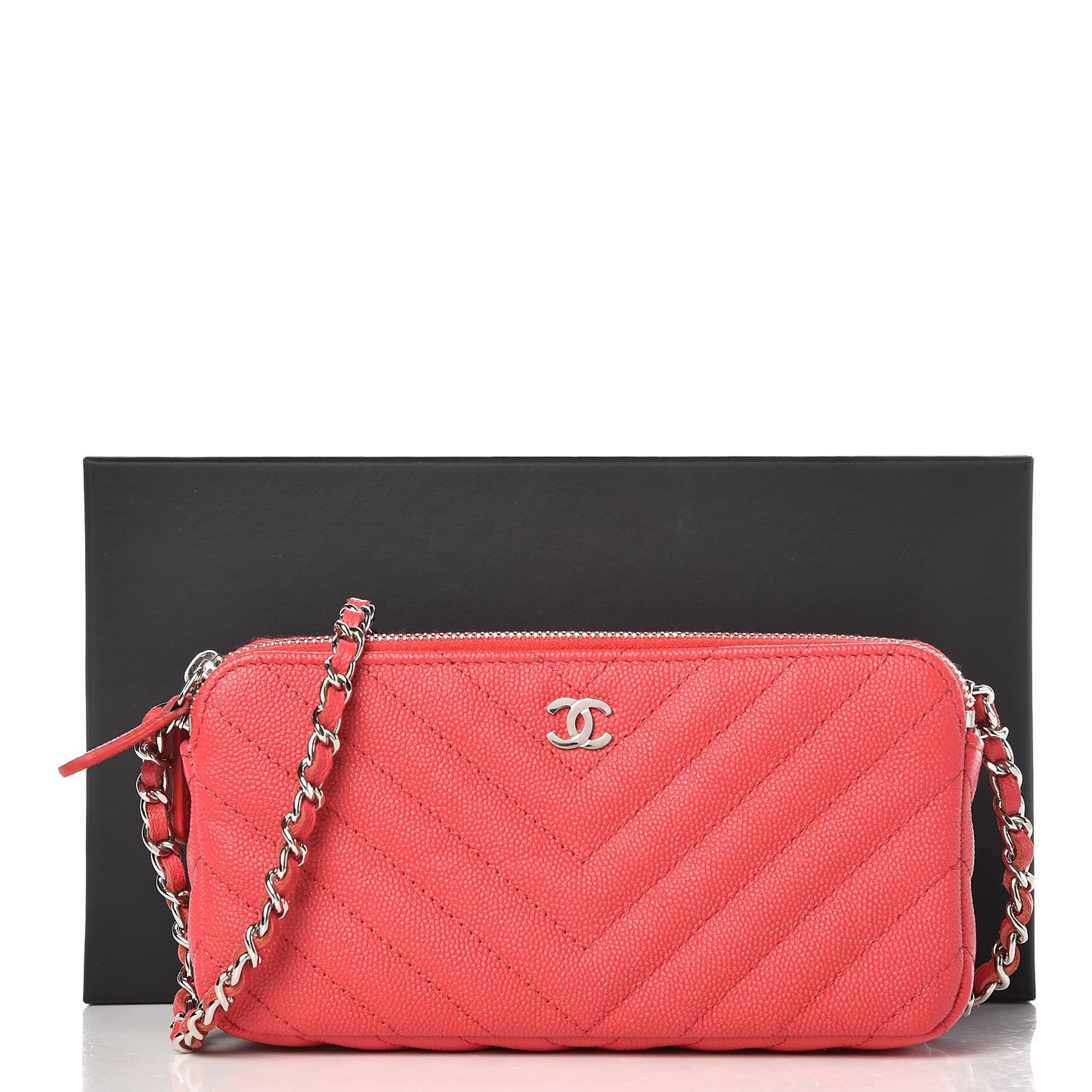 Caviar Chevron Quilted Small Clutch With Chain Light Red
