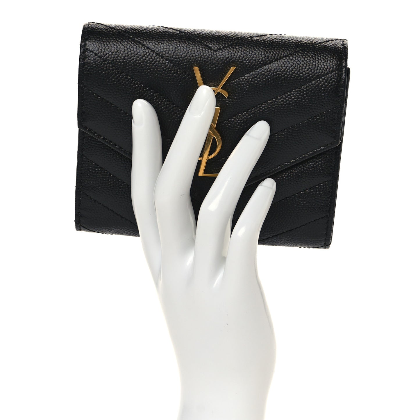 Grain De Poudre Matelasse Chevron Monogram Compact Tri Fold Wallet Black