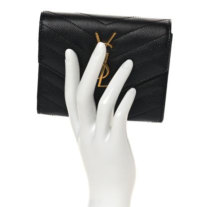 Saint Laurent Grain De Poudre Matelasse Chevron Monogram Compact Tri Fold Wallet Black 2 of 6