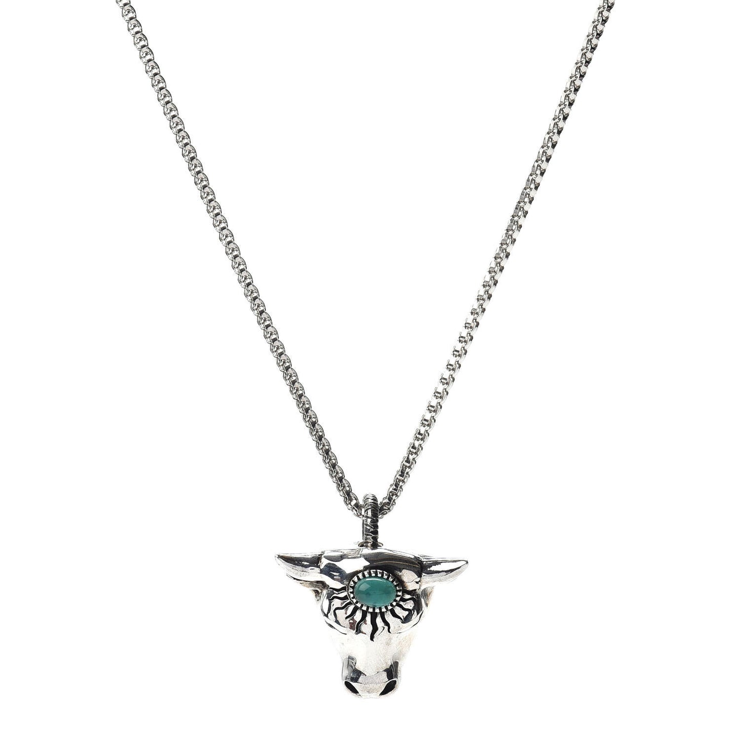 Sterling Silver Glass Anger Forest Bull Head Necklace Green