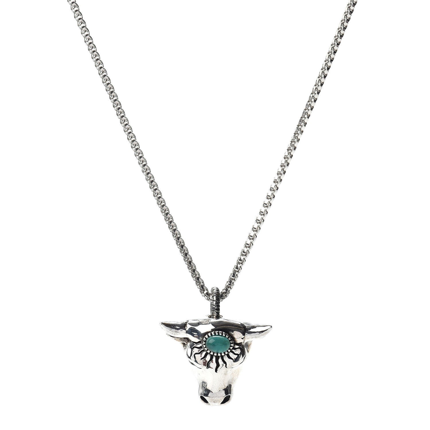 Gucci Sterling Silver Glass Anger Forest Bull Head Necklace Green 1 of 4