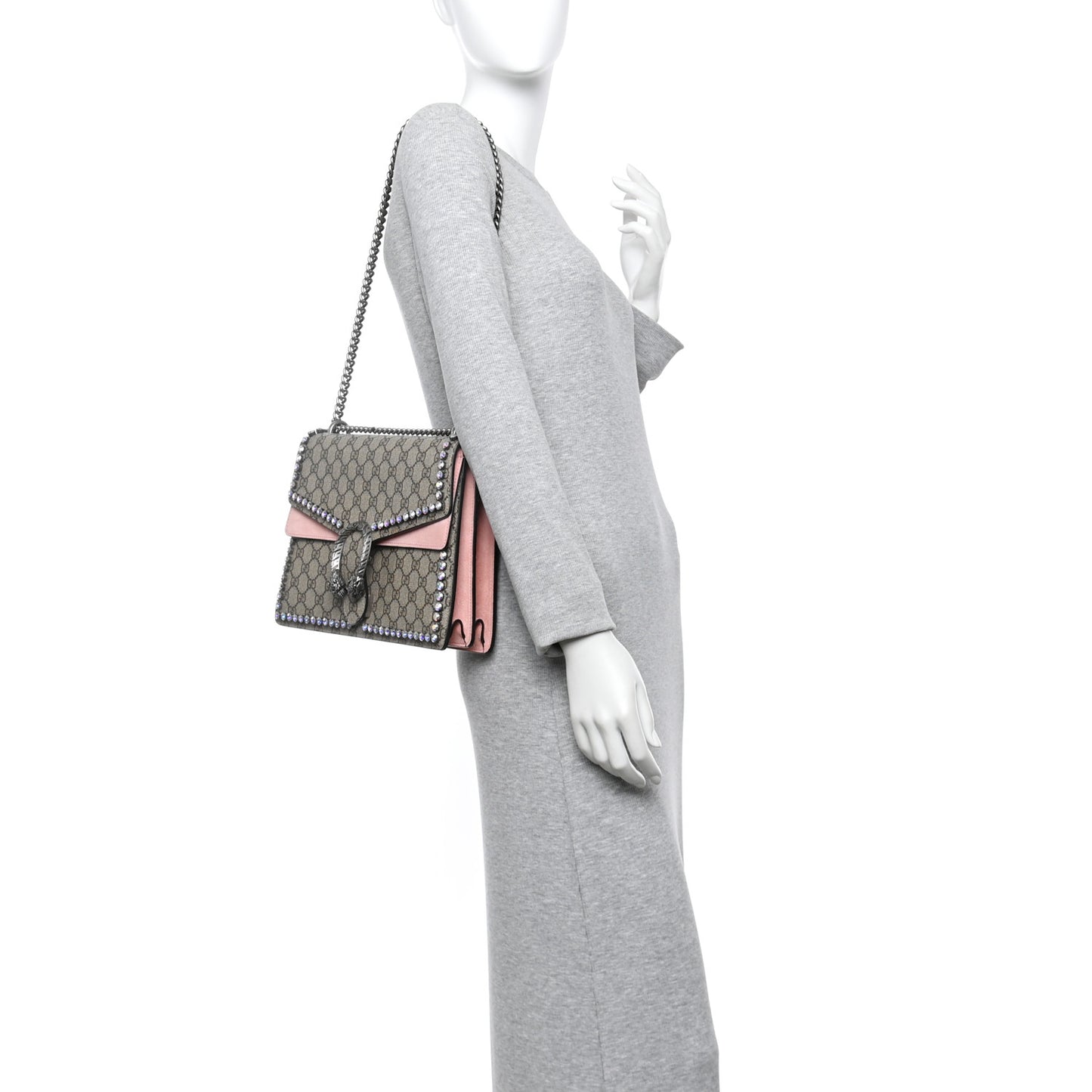 GG Supreme Monogram Suede Crystal Medium Dionysus Shoulder Bag Beige Ebony Light Peonia