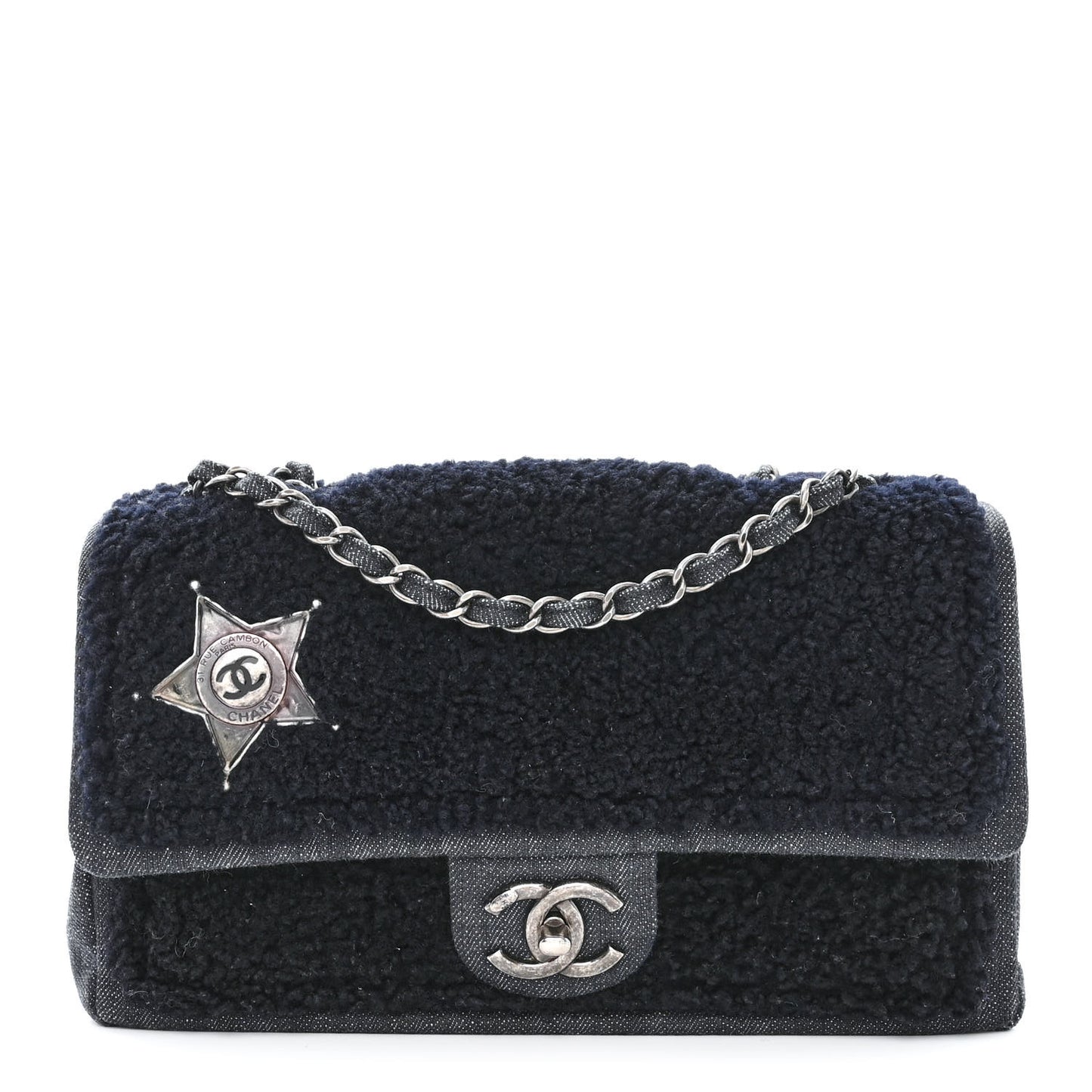 Shearling Sheepskin Denim Medium Paris Dallas Sheriff's Star Flap Black