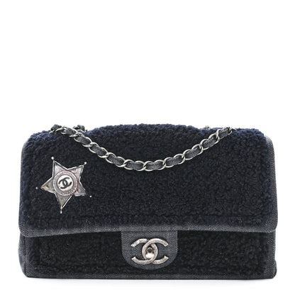 Chanel Shearling Sheepskin Denim Medium Paris Dallas Sheriff's Star Flap Black 1 of 10