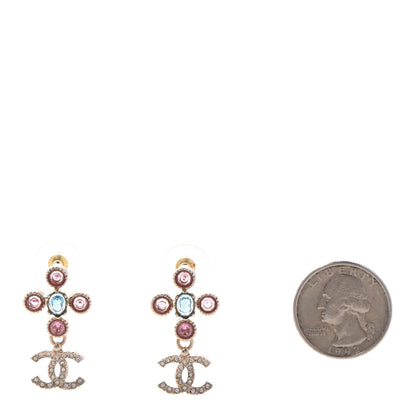 Chanel Crystal CC Drop Earrings Pink Blue Gold 2 of 4