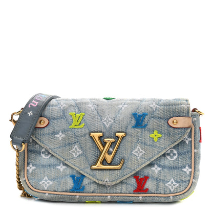 Louis Vuitton Embroidered Monogram Denim New Wave Chain Pochette Blue 1 of 14