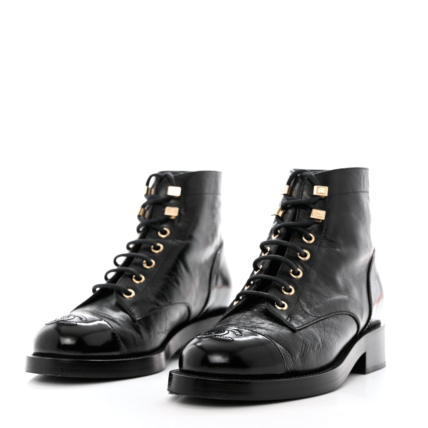 Chanel Crumpled Lambskin Shiny Calfskin Combat Boots 35 Black 3 of 9
