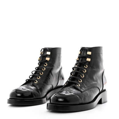 Chanel Crumpled Lambskin Shiny Calfskin Combat Boots 35 Black 3 of 9