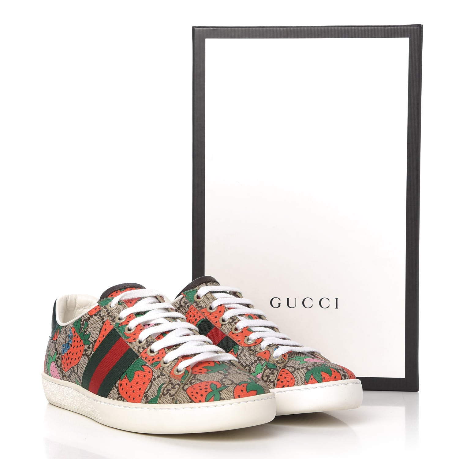 Gucci GG Supreme Monogram Strawberry Web Womens Ace Sneakers 37 Beige Multicolor Red Green 10 of 10