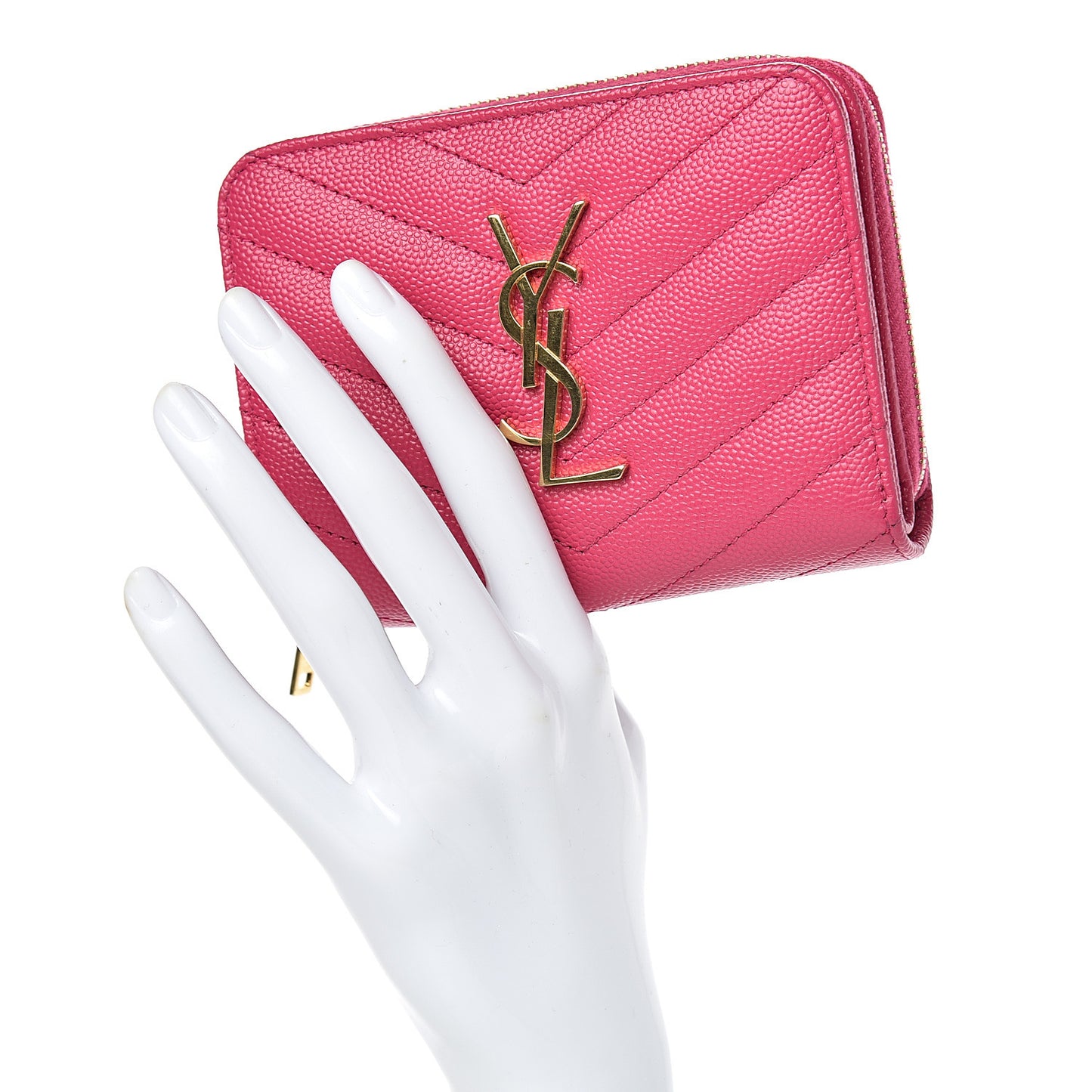 Grain De Poudre Matelasse Chevron Monogram Compact Zip Around Wallet Fuchsia