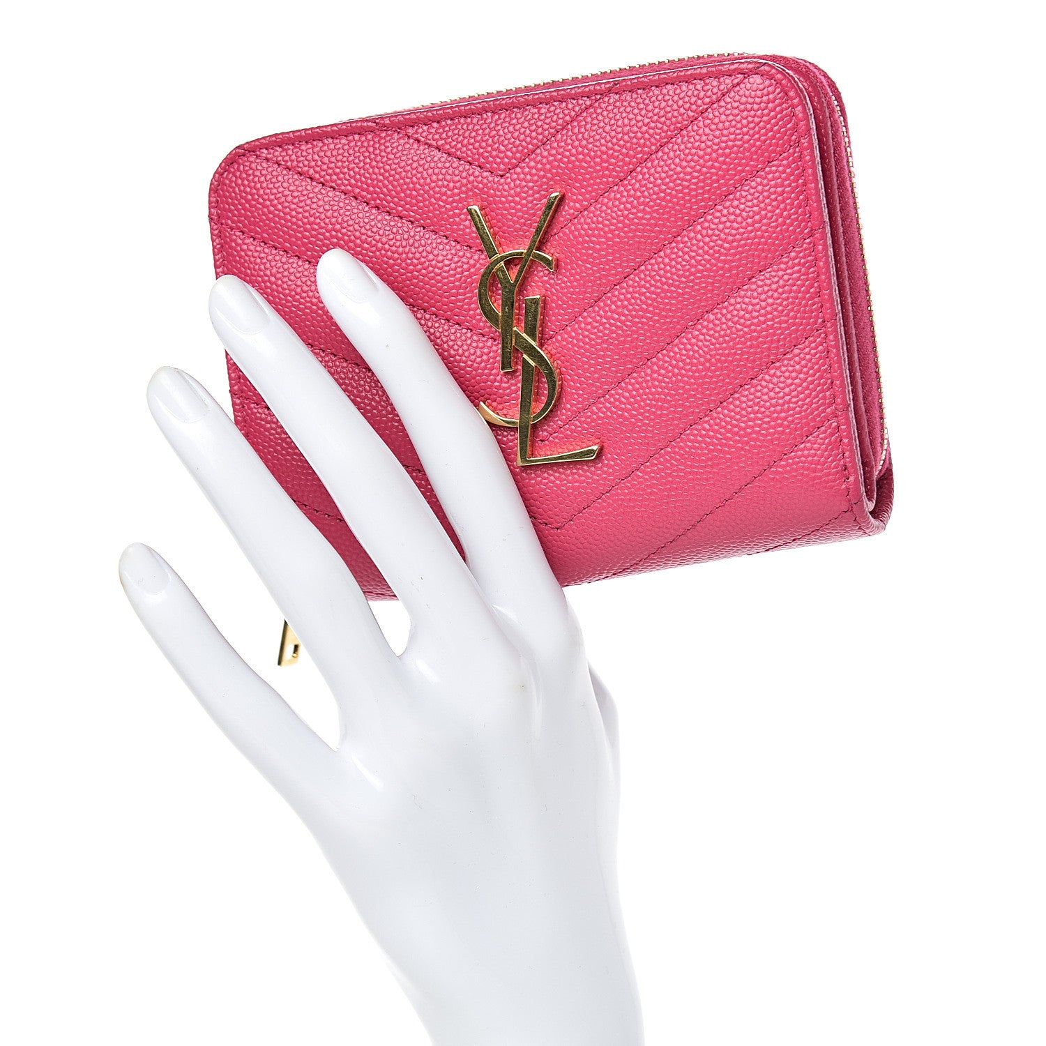 Saint Laurent Grain De Poudre Matelasse Chevron Monogram Compact Zip Around Wallet Fuchsia 2 of 9
