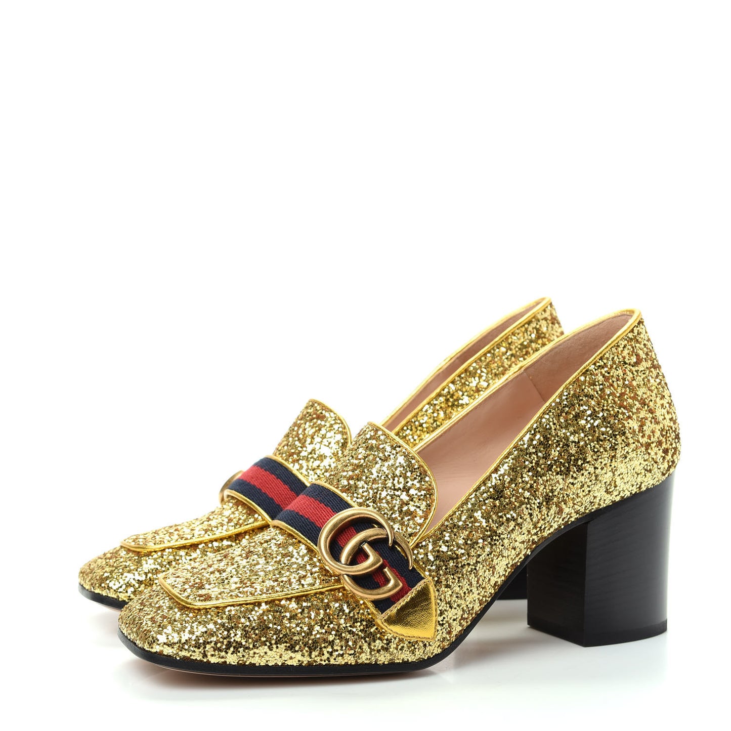 Glitter Nappa Web Peyton 75mm Loafer Pumps 38.5 Oro Vecchio