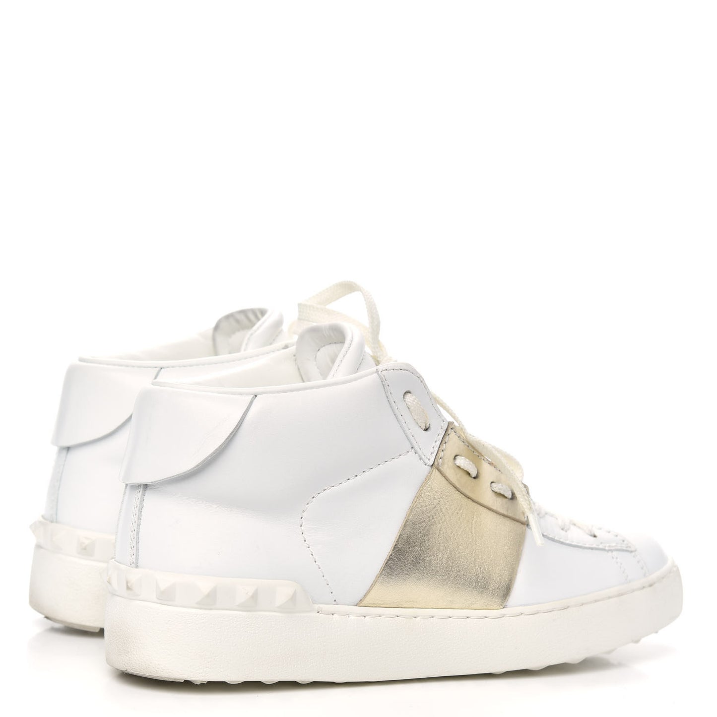 Calfskin Womens Rockstud Open High Top Sneakers 37.5 White Platino