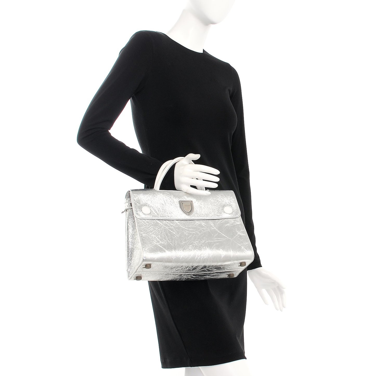 Metallic Calfskin Medium Diorever Flap Silver