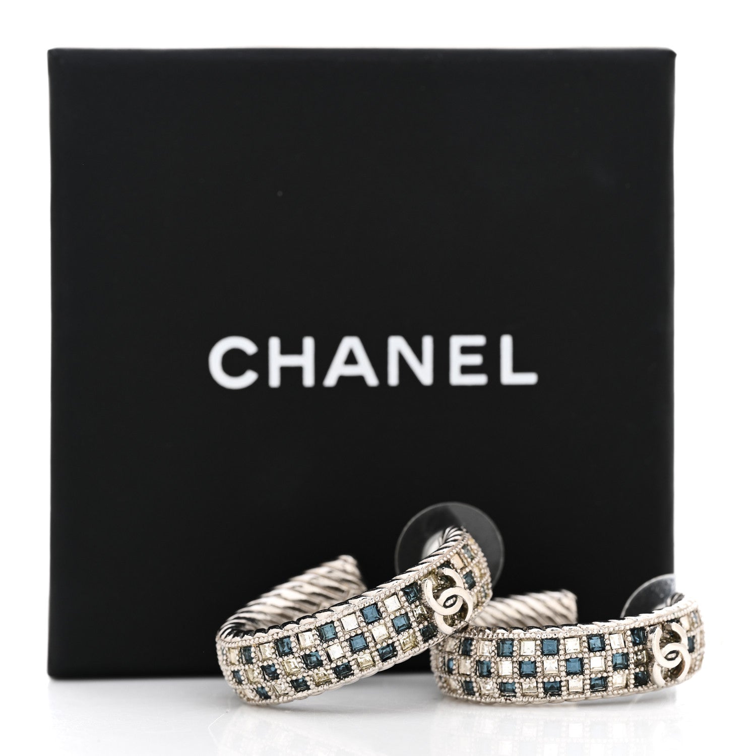 Chanel Crystal CC Hoop Earrings Silver Blue 5 of 5
