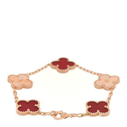 Van Cleef & Arpels 18K Rose Gold Carnelian 5 Motifs Guilloche Vintage Alhambra Bracelet 2 of 4