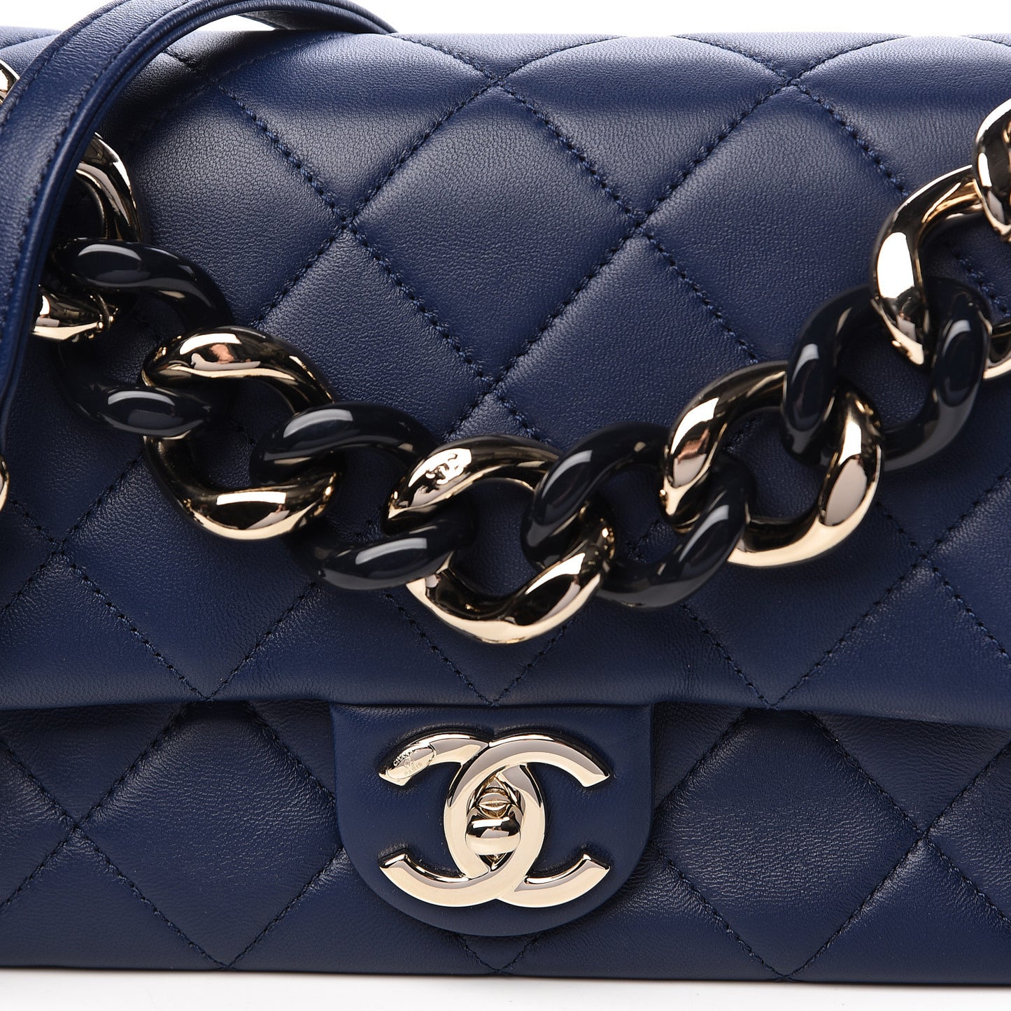 Lambskin Quilted Resin Bi-Color Chain Flap Bag Navy