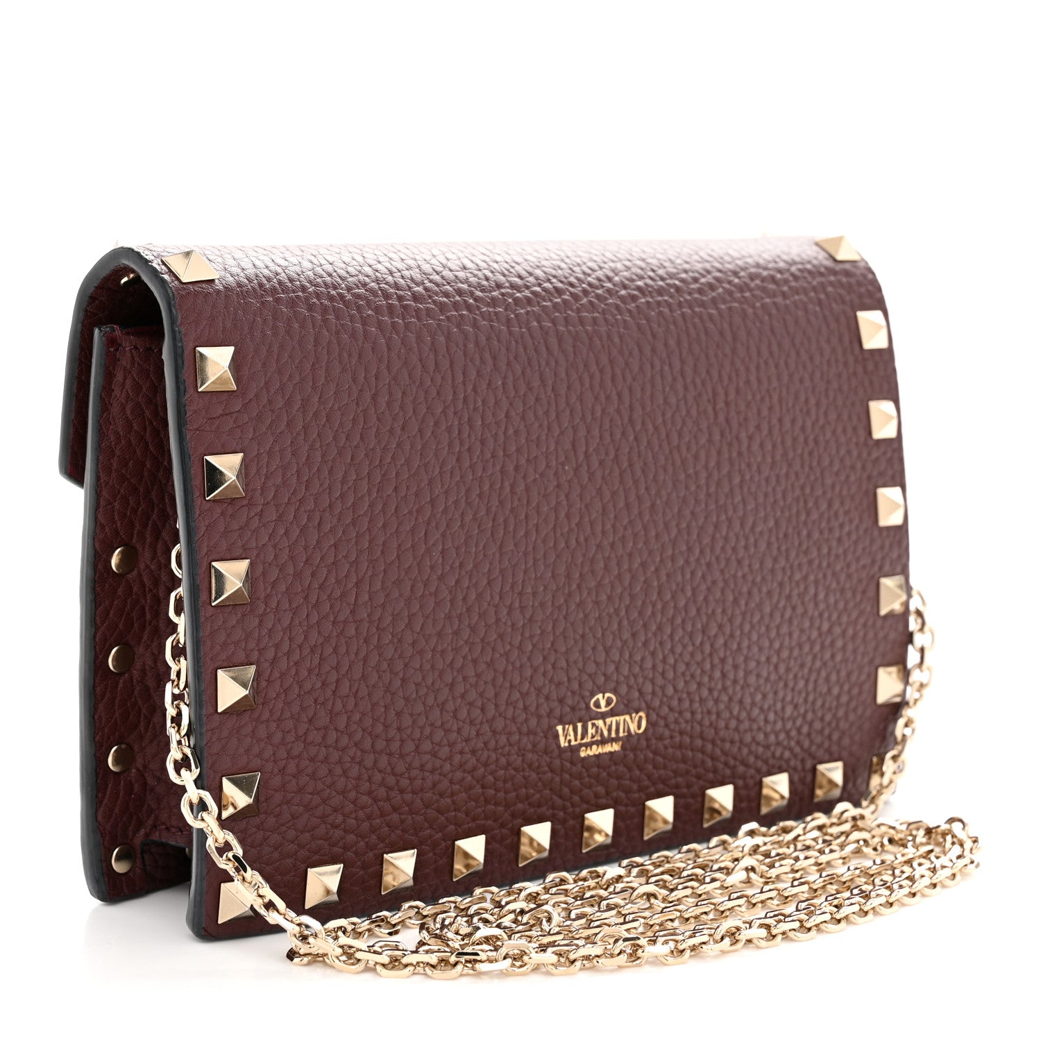 Valentino Garavani Pebbled Calfskin Rockstud Envelope Wallet on Chain Vinaccia 4 of 12
