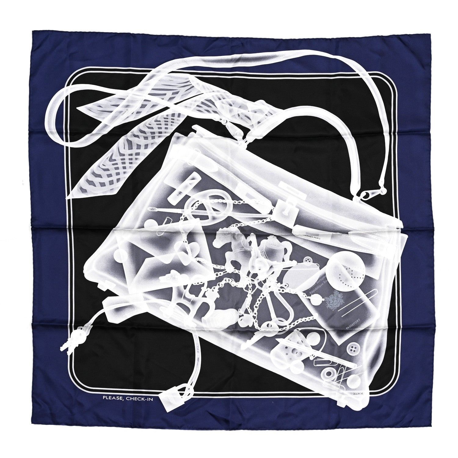 Hermes Silk Please Check In Scarf 90 Marine Black White 1 of 7