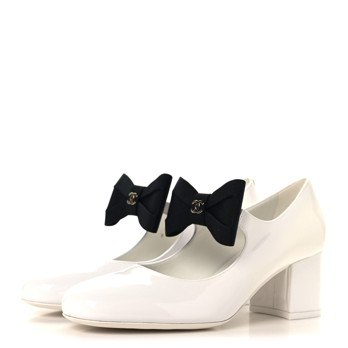 Patent Calfskin Grosgrain Bow Mary Jane Pumps 38.5 White Black