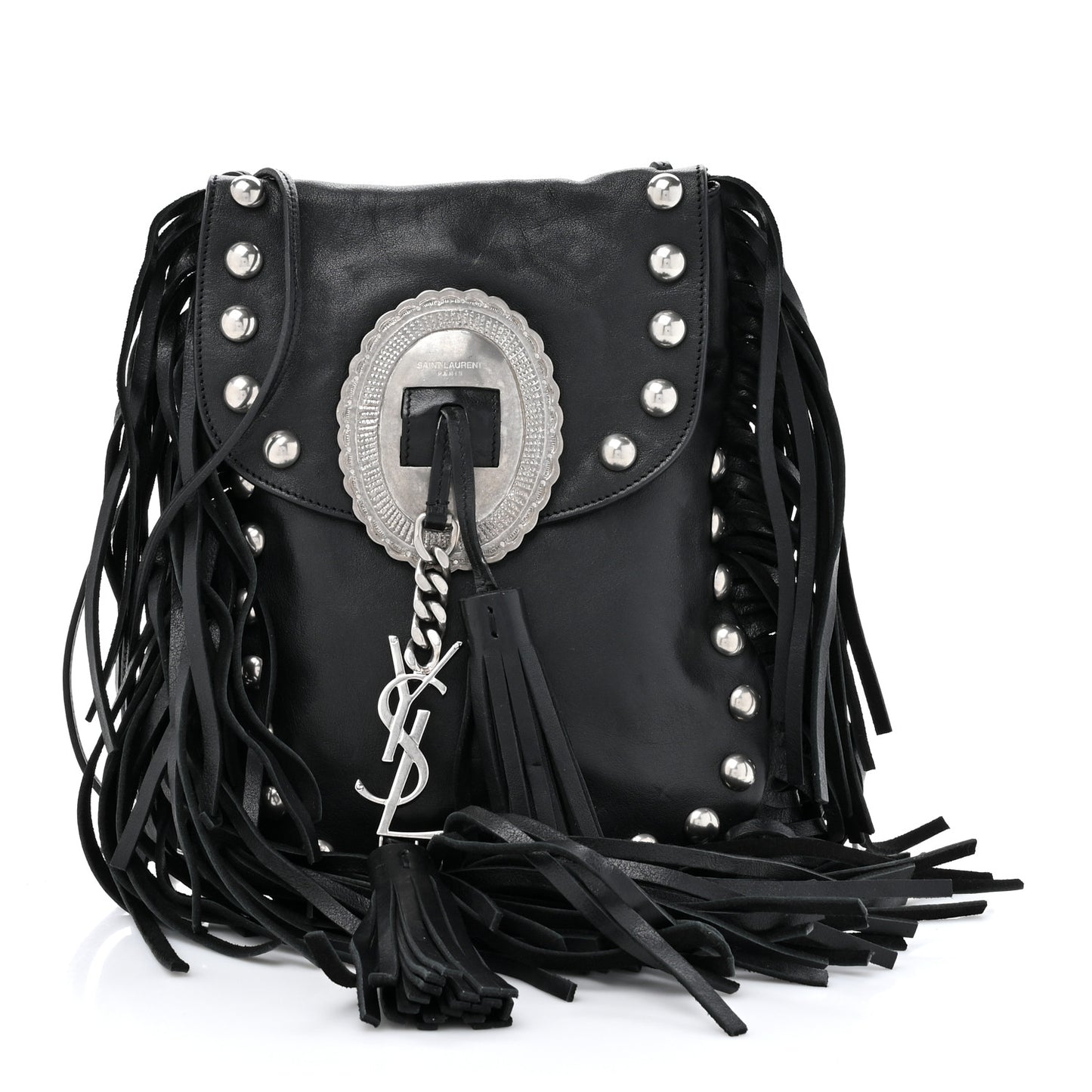 Calfskin Fringe Small Studded Anita Crossbody Bag Black