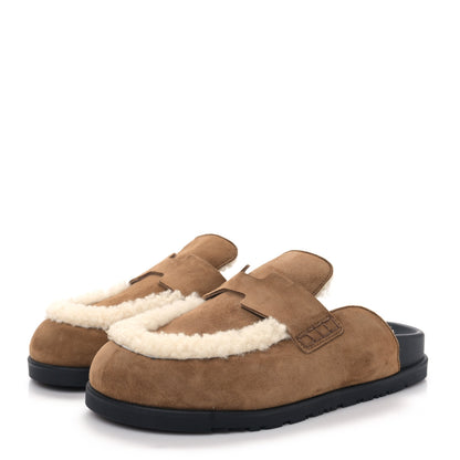 Hermes Suede Goatskin Shearling Go Mules 38 Brun Frume Ecru 3 of 9