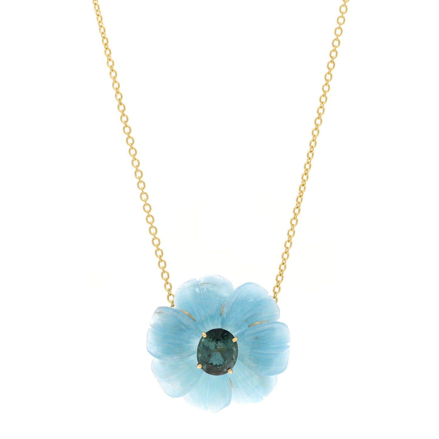18K Yellow Gold Aquamarine Green Tourmaline Flower Pendant Necklace