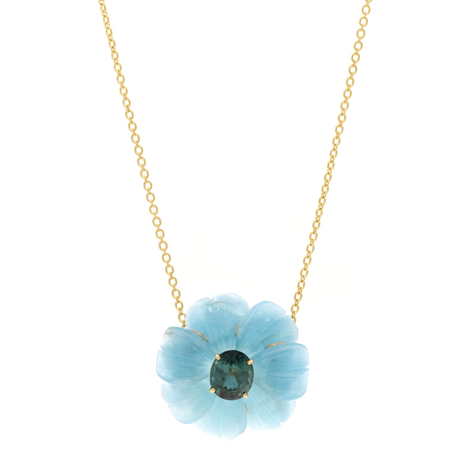 Irene Neuwirth 18K Yellow Gold Aquamarine Green Tourmaline Flower Pendant Necklace 1 of 6