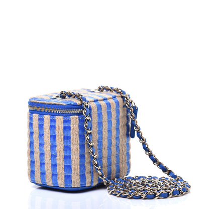 Chanel Raffia Jute Striped Mini Vanity Case With Chain Blue Beige 3 of 9