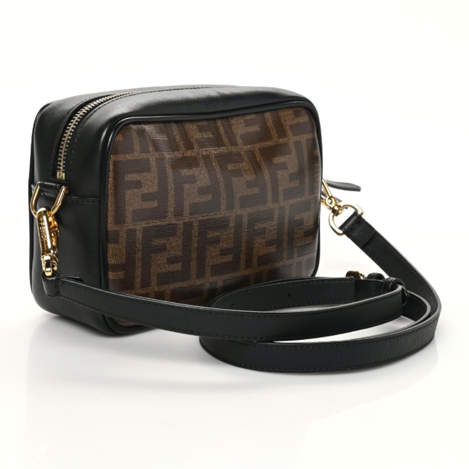 Fendi Glazed Fabric Vitello Century FF 1974 Stamp Patch Mini Camera Case Mogano Panna Black 3 of 9