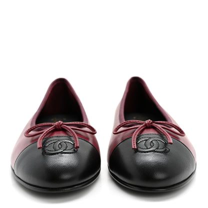 Chanel Lambskin Cap Toe CC Ballerina Flats 38.5 Burgundy Black 2 of 9