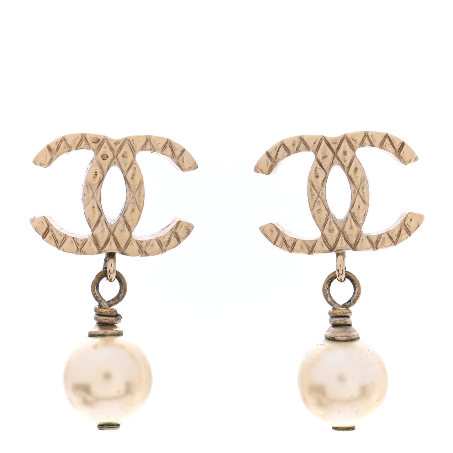 Pearl Quilted CC Drop Earrings Gold