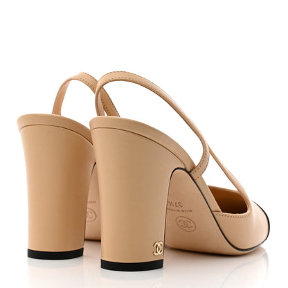 Chanel Lambskin Grosgrain Cap Toe CC Slingback Pumps 37.5 Beige Black 4 of 9