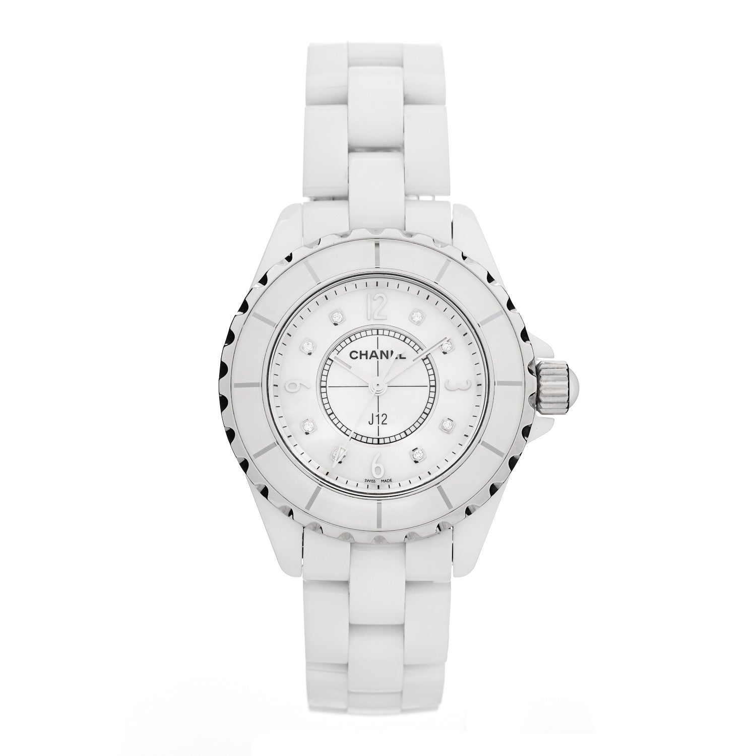 Chanel Stainless Steel Ceramic Diamond Mother of Pearl 33mm J12 Quartz Watch White 1 of 4