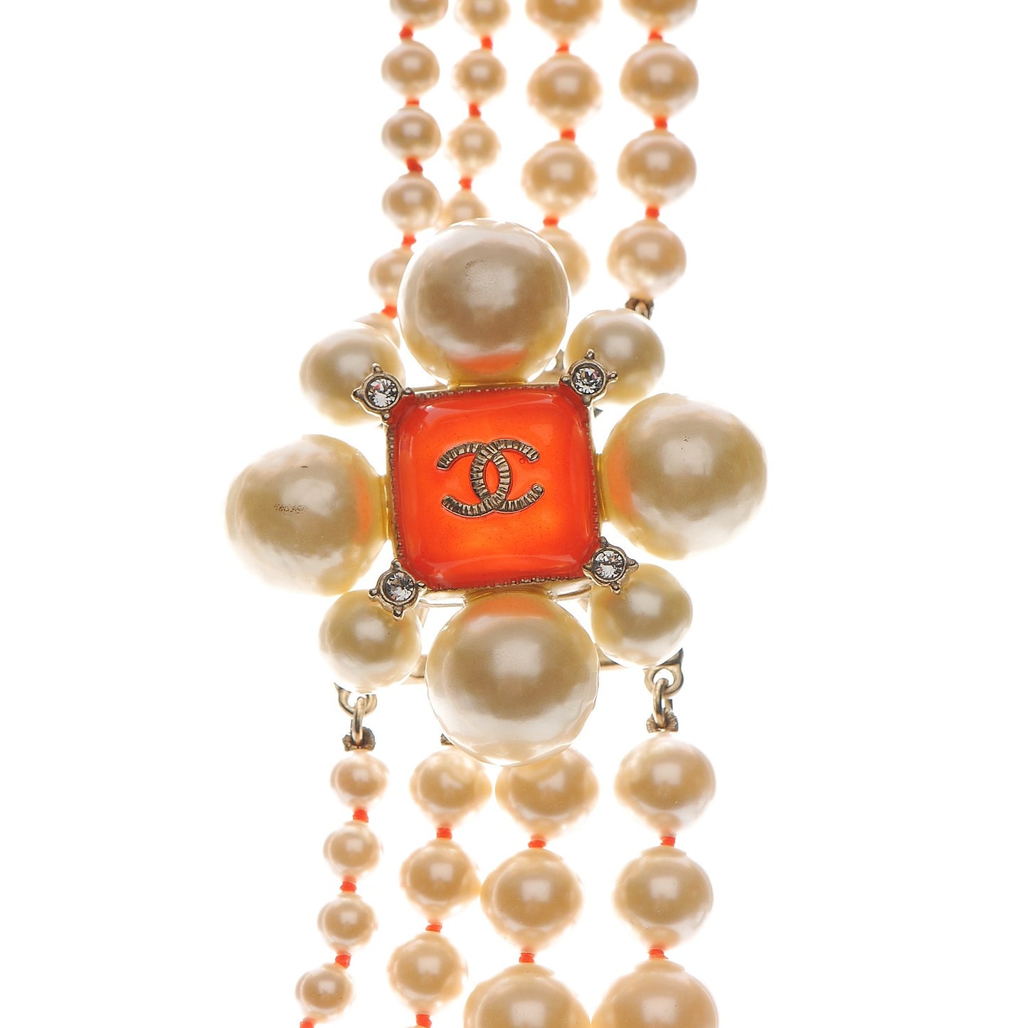 Pearl Crystal Gripoix CC Multi Strand Necklace Orange Gold