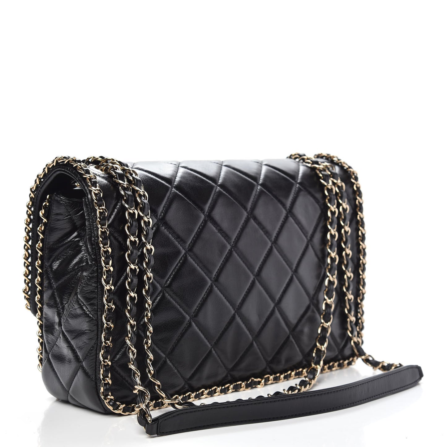 Crumpled Calfskin Quilted Large Chain All Over Flap Bag Black