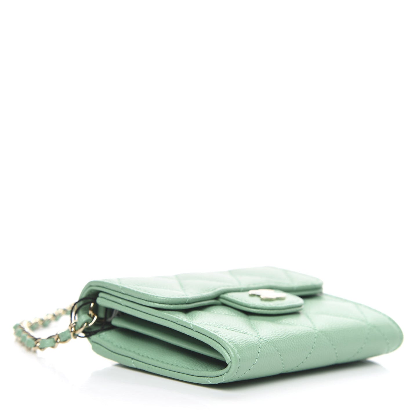 Caviar Quilted Flap Card Holder On Chain Light Green