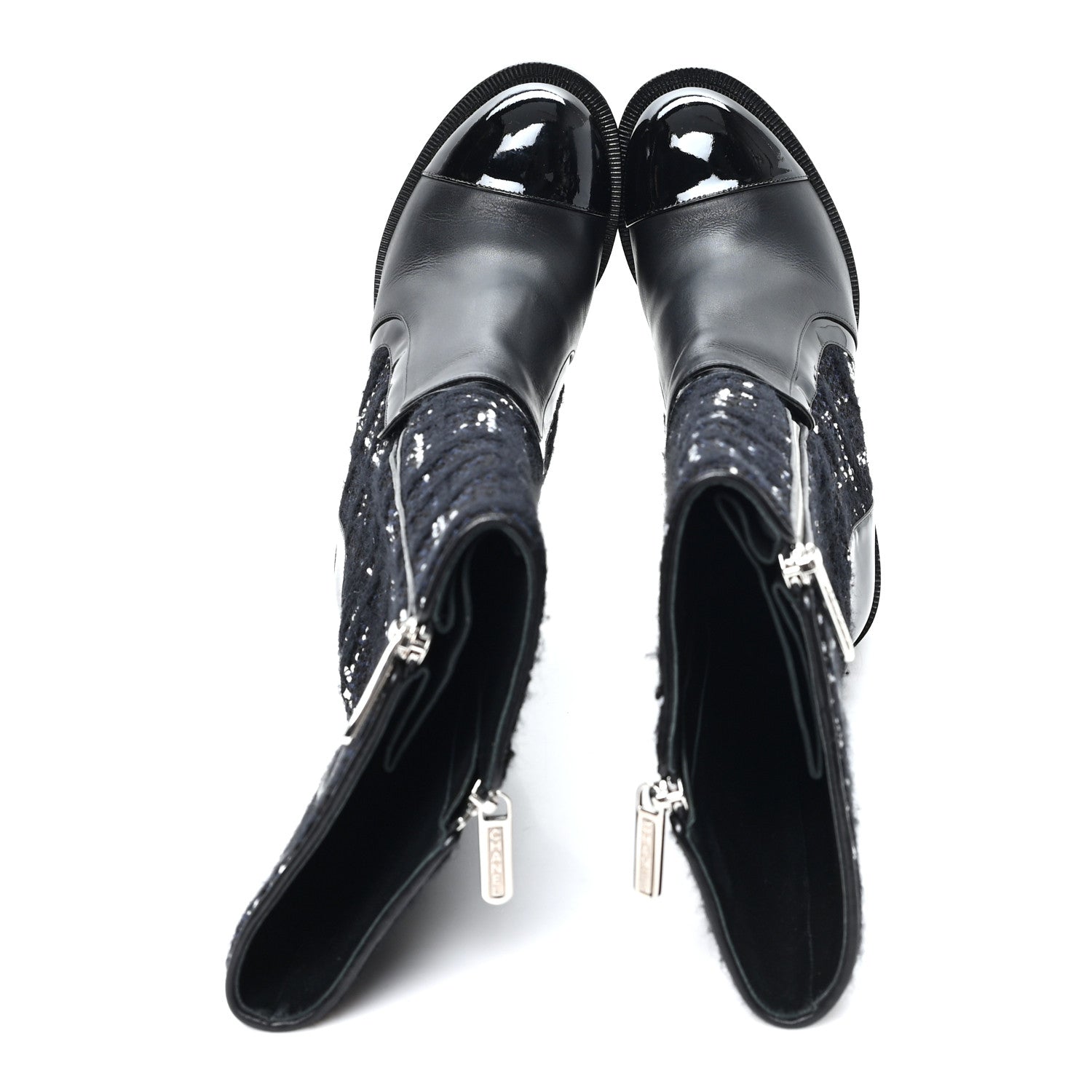 Chanel Tweed Calfskin Patent Cap Toe CC High Boots 37.5 Black Navy White 2 of 10