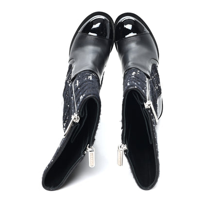 Chanel Tweed Calfskin Patent Cap Toe CC High Boots 37.5 Black Navy White 2 of 10